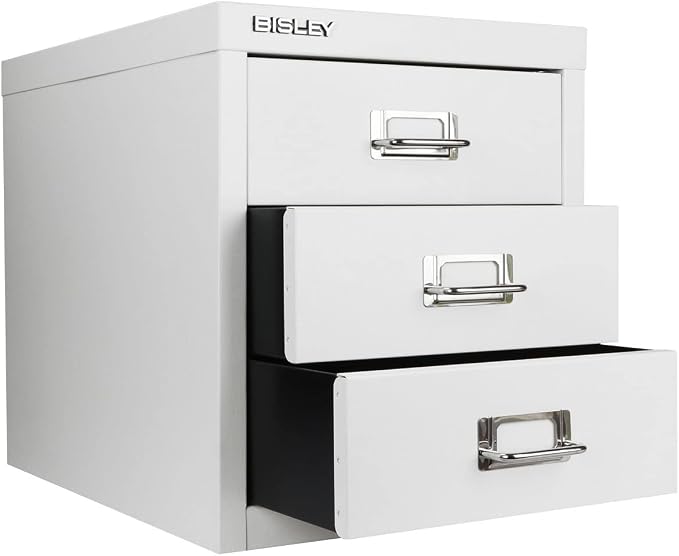 Bisley 3-Drawer Steel MultiDrawer Cabinet - Traffic White | Chrome Pull Handles with Label Holders, Powder-Coated Steel, Removable Drawers, Desktop Storage, Labels Included