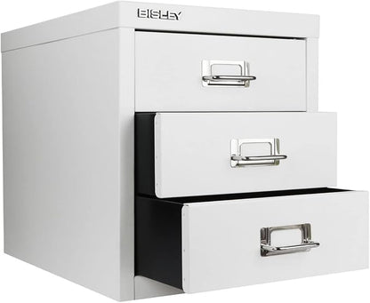 Bisley 3-Drawer Steel MultiDrawer Cabinet - Traffic White | Chrome Pull Handles with Label Holders, Powder-Coated Steel, Removable Drawers, Desktop Storage, Labels Included