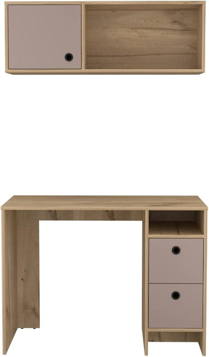 Aramis Office Set with 2 Shelves, 2 Drawers, Wall Cabinet, Single Door Cabinet, and Metal Hardware, Light Oak/Taupe – Complete Home Office Furniture Set