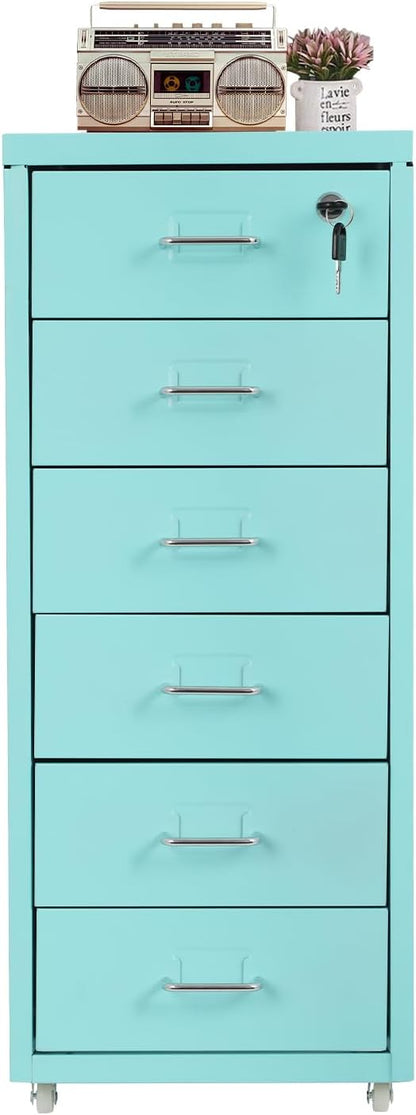 Vertical File Cabinet, 6 Drawers Rolling File Organizer Cabinets with Lock, Heavy Duty Metal Storage Cabinet, Movable Under Desk Filing Cabinet for Office, Study, Dresser (Blue)
