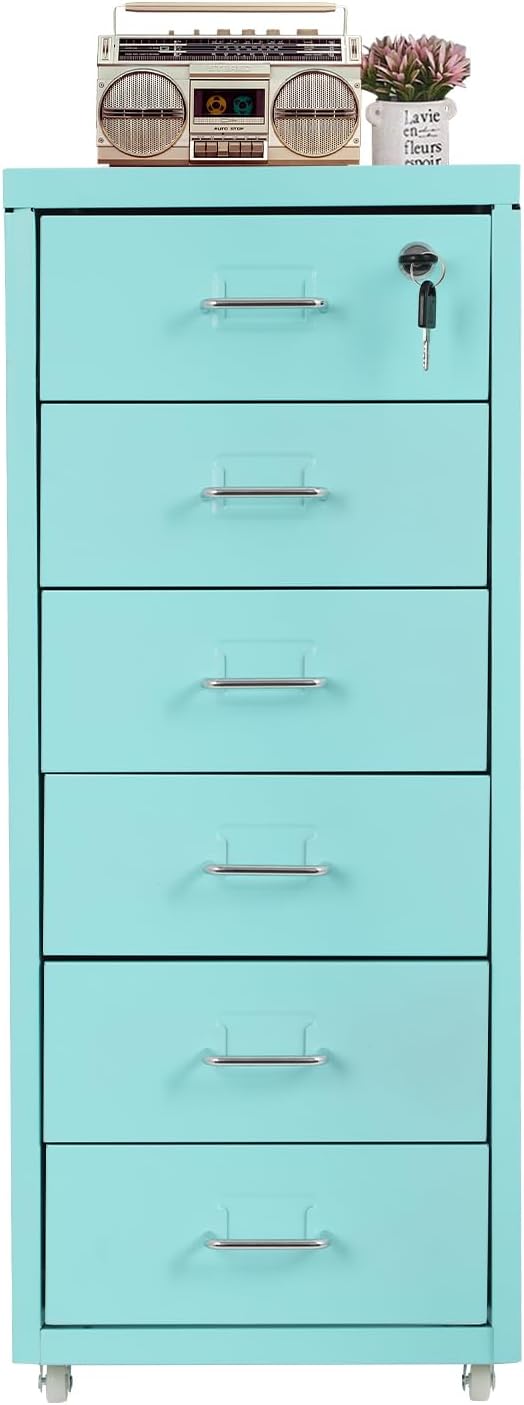 Vertical File Cabinet, 6 Drawers Rolling File Organizer Cabinets with Lock, Heavy Duty Metal Storage Cabinet, Movable Under Desk Filing Cabinet for Office, Study, Dresser (Blue)