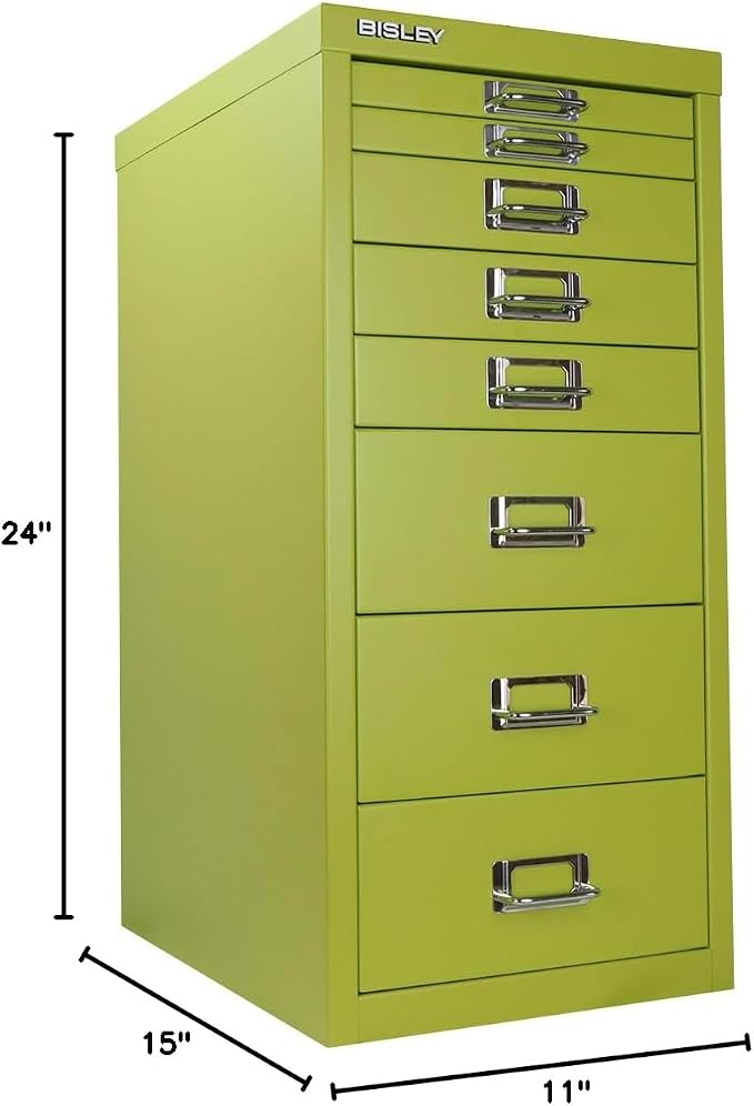8-Drawer Steel MultiDrawer Cabinet - Green, by Bisley | Chrome Pull Handles with Label Holders, Powder-Coated Steel, Removable Drawers, Fits Under Most Desks, Labels Included