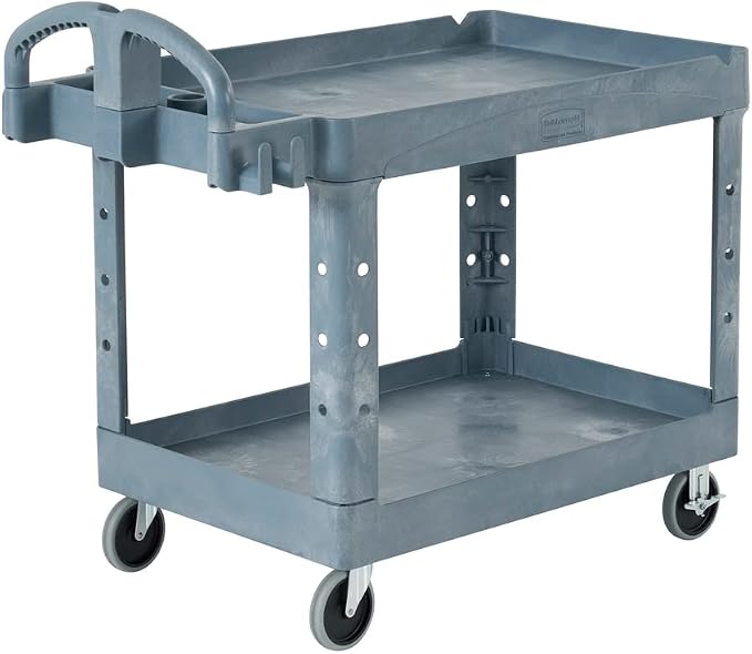 Rubbermaid Commercial Products BRUTE Heavy Duty 2-Shelf Utility/Service Cart, Medium, Lipped Shelves, Ergonomic Handle, 500 lbs. Capacity, Gray, for Warehouse/Garage/Cleaning/Maintenance/Stadiums