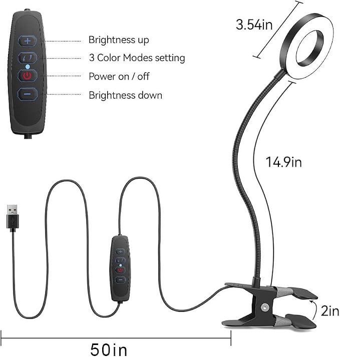 2 Pack LED Clip on Desk Lamp, Metal 360 Adjustable Neck Eye-Caring Clamp Lamp with Memory Function, 3 Color Modes & 10 Brightness Levels for Home, Office, Dorm, Bedroom