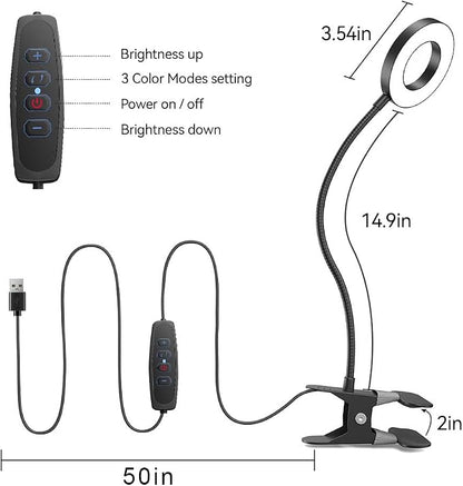 LED Desk Lamp Clip on Light with 3 Color Modes 10 Brightness Ring/Clamp Light 360° Adjustable Neck Dimmable Eye Protection Desk Lamps for Home Office