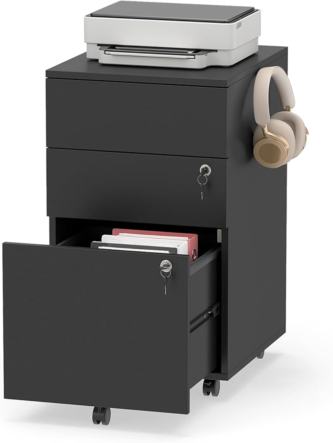 LOKO Mobile File Cabinet with 3 Drawers, Wooden Rolling Filing Cabinet with Lock, Under Desk File Organizer for A4/Letter/Legal Size, for Home Office, Study (Black)