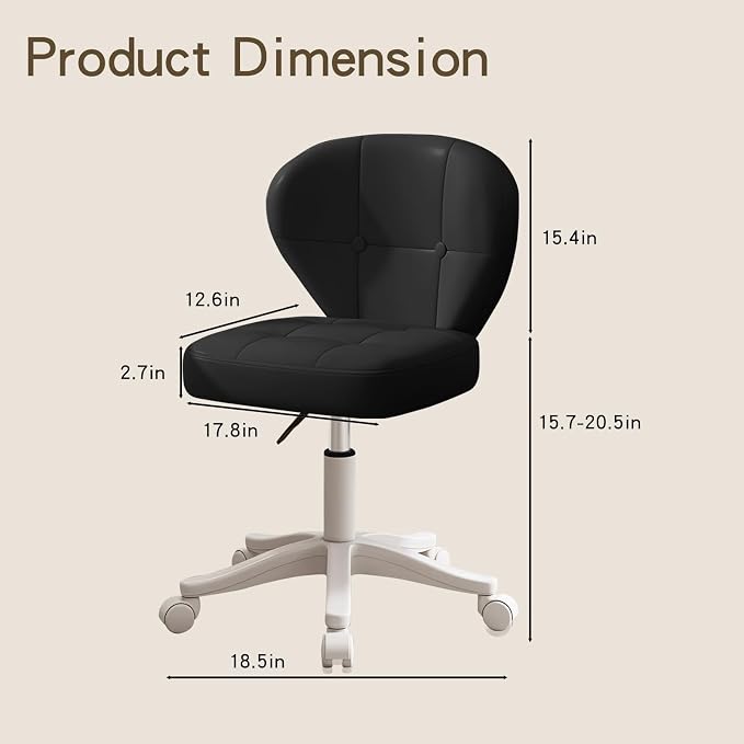 Vanity Chair with Back – Small Armless Office Chair with Wheels, Lumbar Support, PU Leather, Adjustable Height, 360° Swivel for Home, Bedroom, Office Black Set of 1