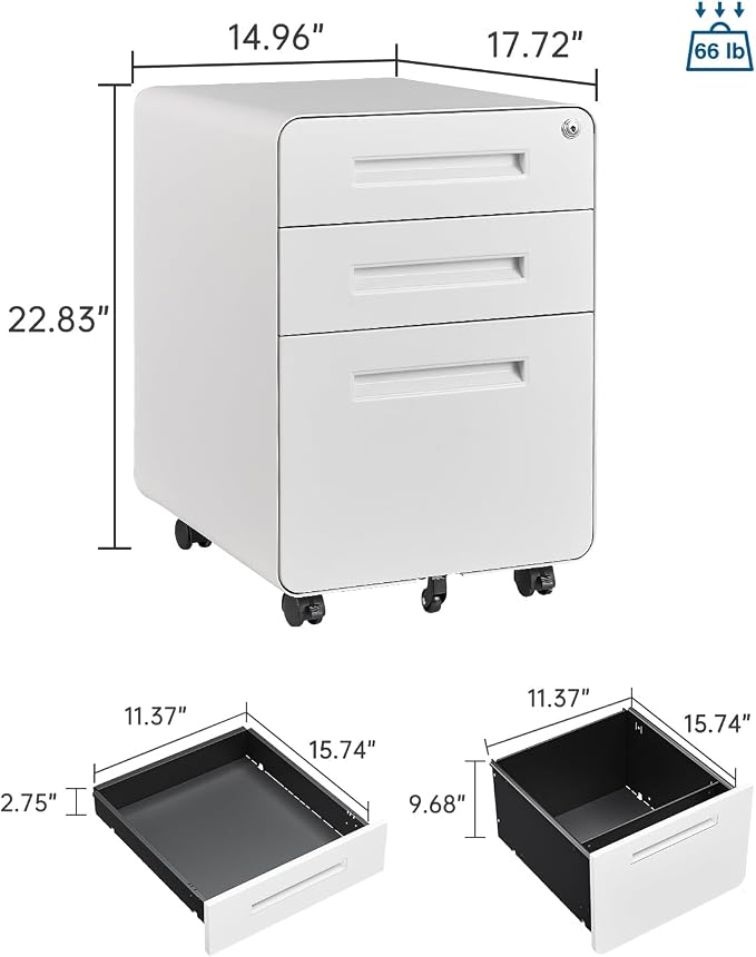 PEUKC 3 Drawer File Cabinet with Lock, Metal Under Desk Rolling Filing Cabinet fits Letter/Legal/A4 Size for Home Office,(Fully Assembled, White)