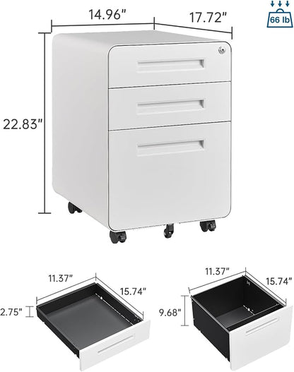PEUKC 3 Drawer File Cabinet with Lock, Metal Under Desk Rolling Filing Cabinet fits Letter/Legal/A4 Size for Home Office,(Fully Assembled, White)