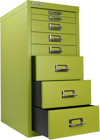 8-Drawer Steel MultiDrawer Cabinet - Green, by Bisley | Chrome Pull Handles with Label Holders, Powder-Coated Steel, Removable Drawers, Fits Under Most Desks, Labels Included