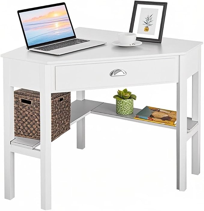 POWERSTONE Corner Desk with Drawer & Storage Shelves Small Triangle Writing Table Computer Desk Corner Vanity for Home Office Small Space White