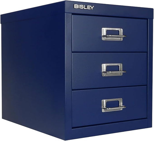 Bisley 3-Drawer Steel MultiDrawer Cabinet - Oxford Blue | Chrome Pull Handles with Label Holders, Powder-Coated Steel, Removable Drawers, Desktop Storage, Labels Included