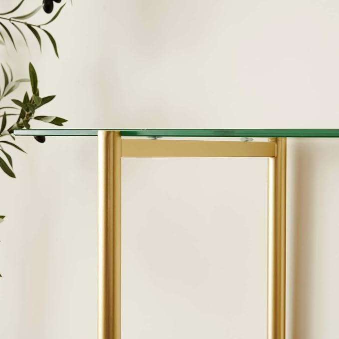 LumFurn Glass Console Table for Living Room, Foyer & Entrance, 2-Tiers Mid-Century Modern Sofa Table with Clear Glass Top, Walnut Finish Wood Top and Gold Finish Metal Frame