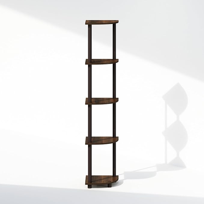 Furinno Turn-N-Tube Storage Shelves, 5-Tier Book Shelf, Corner Shelf, Toolless Open Shelves, for Organization and Storage, Living Room, Home Office, Hallway, Bedroom, Walnut