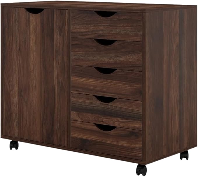 Naomi Home Under Desk Rolling Office File Cabinet with 5 Drawers & Side Storage Cabinet, Mobile Organizer with Shelves & Swivel Casters for Home Office - Brown Oak