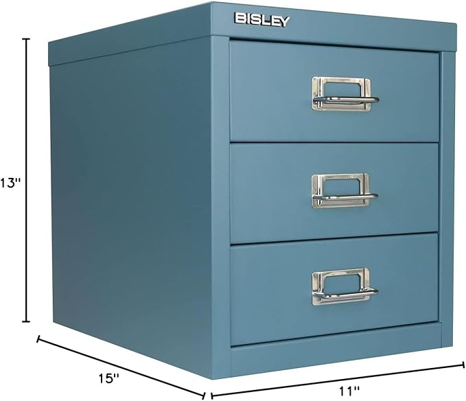 Bisley 3-Drawer Steel MultiDrawer Cabinet - Doulton Blue | Chrome Pull Handles with Label Holders, Powder-Coated Steel, Removable Drawers, Desktop Storage, Labels Included