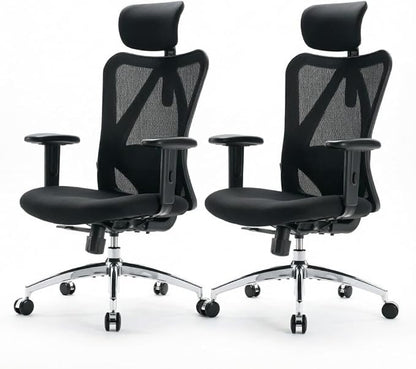SIHOO M18 Ergonomic Office Chair, High Back Mesh Desk Chair with Adjustable Headrest & Lumbar Support, 330lbs Capacity Computer Chair with 2D Armrests & Wide Cushion, Tilt Lock, 2 Packs-Black