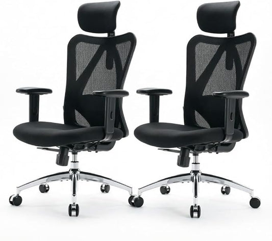 SIHOO M18 Ergonomic Office Chair, High Back Mesh Desk Chair with Adjustable Headrest & Lumbar Support, 330lbs Capacity Computer Chair with 2D Armrests & Wide Cushion, Tilt Lock, 2 Packs-Black