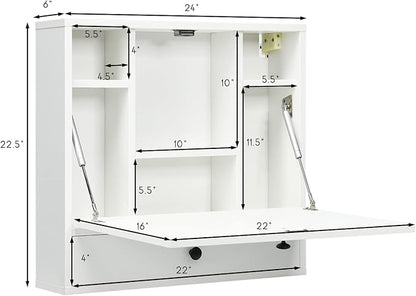 Tangkula Wall Mounted Desk, Pneumatic Floating Laptop Desk with Magnetic Foldable Tabletop, Space Saving Wall Mounted Table Wall Desk with Storage Drawer and Shelves (White)