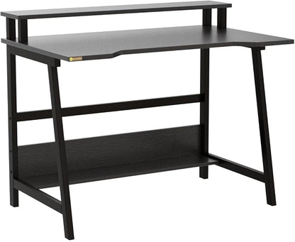 31.5 Inch Small Desk, Small Computer Desk for Small Spaces, Modern Writing Table with Monitor Storage Shelf, Compact Laptop Desk for Home Office and Study, Black