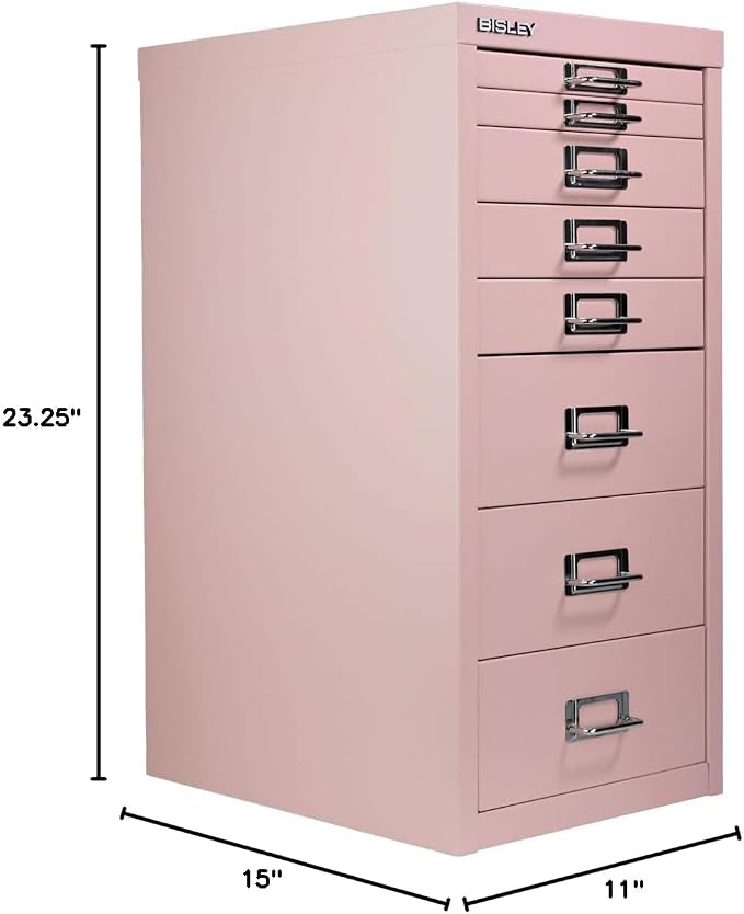 Bisley 8-Drawer Steel MultiDrawer Cabinet - Palest Pink | Chrome Pull Handles with Label Holders, Powder-Coated Steel, Removable Drawers, Fits Under Most Desks, Labels Included