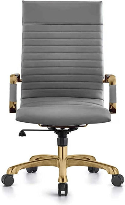 LeisureMod Harris High-Back Task Office Chair - Modern Leather Upholstery with Gold Frame, Ribbed Design 360 Degree Adjustable Swivel for Home, Office, and Study Room