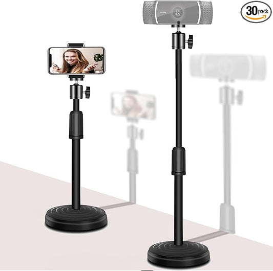 Webcam Stand with Phone Holder, Adjustable Height Desk Camera Mount for Logitech C920 C922 C925e C930e, 1/4" Threaded Desktop Tripod Stand for Live Streaming, Video Conferencing, Online Classes