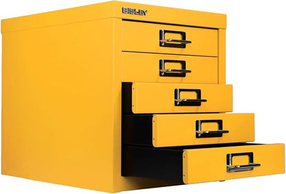 Bisley 5-Drawer Steel MultiDrawer Cabinet - Golden Sunflower Yellow | Chrome Pull Handles with Label Holders, Powder-Coated Steel, Removable Drawers, Desktop Storage, Labels Included