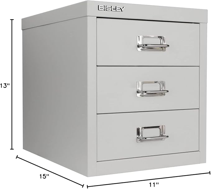Bisley 3-Drawer Steel MultiDrawer Cabinet - Light Grey | Chrome Pull Handles with Label Holders, Powder-Coated Steel, Removable Drawers, Desktop Storage, Labels Included