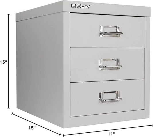 Bisley 3-Drawer Steel MultiDrawer Cabinet - Light Grey | Chrome Pull Handles with Label Holders, Powder-Coated Steel, Removable Drawers, Desktop Storage, Labels Included