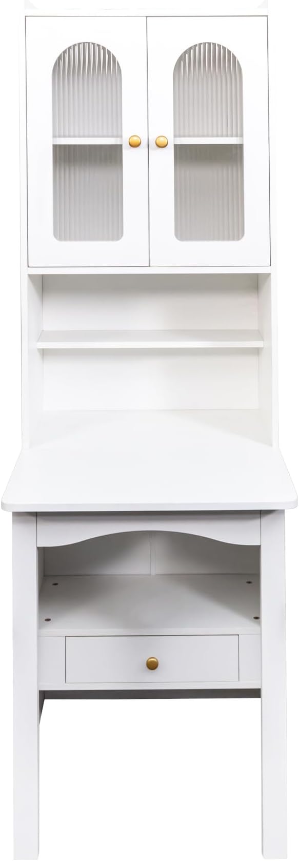LUMISOL Fold-Out Convertible Writing Table with Glass Doors, Drawers, Bookshelf & Storage Shelves, Modern Wooden Convertible Workstation for Work, White