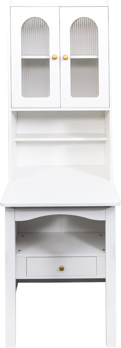 LUMISOL Fold-Out Convertible Writing Table with Glass Doors, Drawers, Bookshelf & Storage Shelves, Modern Wooden Convertible Workstation for Work, White