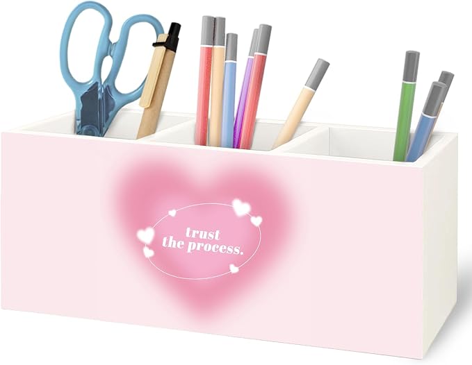 Preppy Pink Heart Aura Inspirational Wooden Pen Pencil Holder for Office Desk Accessories, Trust the Process Spiritual Positive Makeup Brush Toothbrush Holder Organizer
