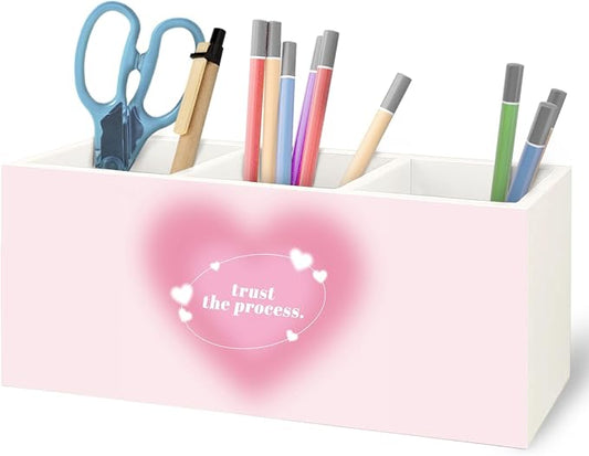 Preppy Pink Heart Aura Inspirational Wooden Pen Pencil Holder for Office Desk Accessories, Trust the Process Spiritual Positive Makeup Brush Toothbrush Holder Organizer