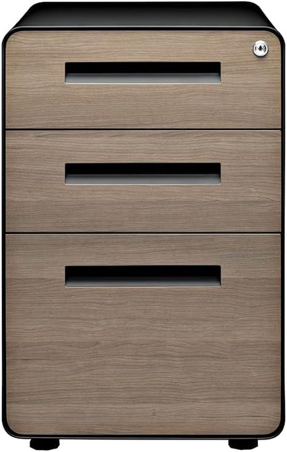 Laura Davidson Furniture Stockpile 3 Drawer File Cabinet with Lock - Under Office Desk Metal Filing Cabinet, Legal/Letter File Folders, Wheels and Stationary Feet, Pre-Assembled, Black/Wood