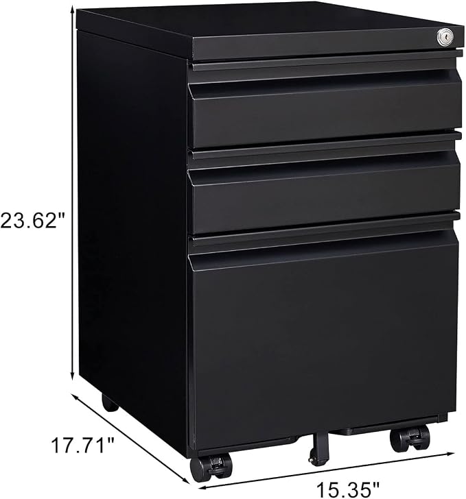 3-Drawer Mobile File Cabinets Black File Cabinet Under Desk Metal Filing Cabinet Rolling Metal Filing Cabinet for Legal and Letter Files with Anti-Tilt Design with Locking Fully Assembled (Black)