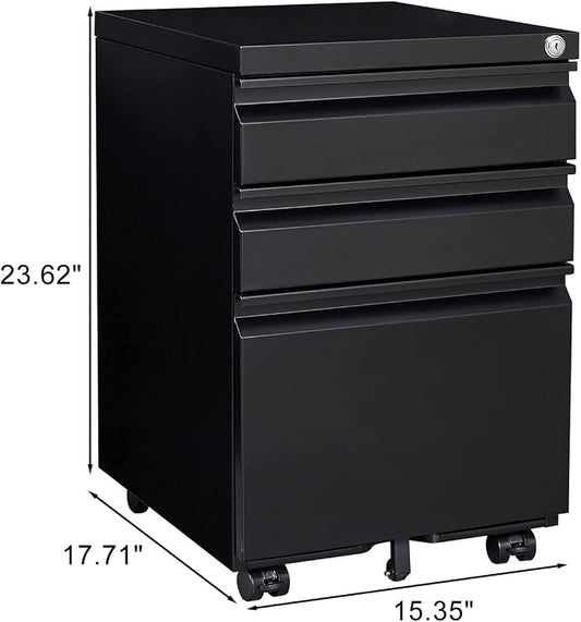 3-Drawer Mobile File Cabinets Black File Cabinet Under Desk Metal Filing Cabinet Rolling Metal Filing Cabinet for Legal and Letter Files with Anti-Tilt Design with Locking Fully Assembled (Black)