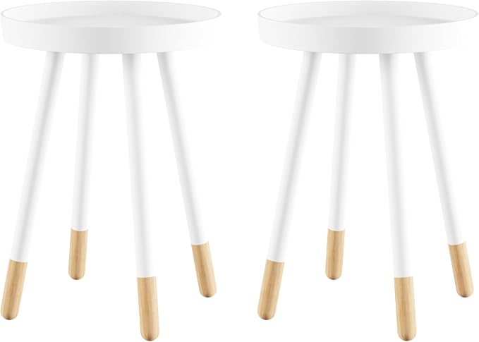 Lavish Home Round End Table Set of 2 – 17 Inch Small Round Side Table Set with Tray Tops and Color-Block Spindle Legs – Wooden Mid Century Modern Living Room Furniture (White)