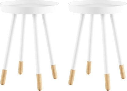 Lavish Home Round End Table Set of 2 – 17 Inch Small Round Side Table Set with Tray Tops and Color-Block Spindle Legs – Wooden Mid Century Modern Living Room Furniture (White)