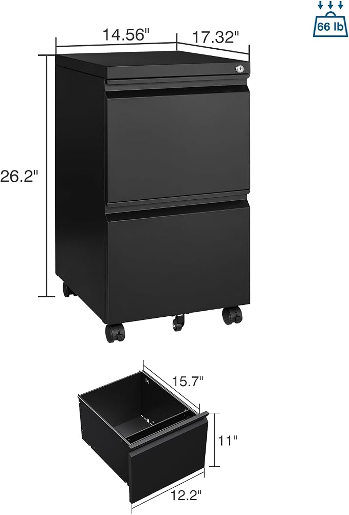 PEUKC 2 Drawer File Cabinet with Lock, Metal Under Desk Rolling Filing Cabinet fits Letter/Legal/A4 Size for Home Office, Mobile Filing Cabinets, Assemble Required, Black