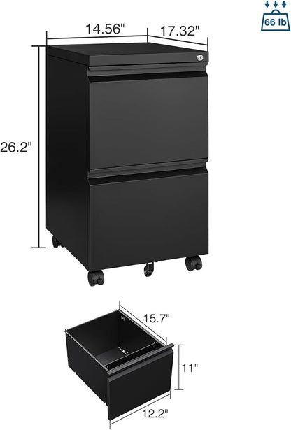 PEUKC 2 Drawer File Cabinet with Lock, Metal Under Desk Rolling Filing Cabinet fits Letter/Legal/A4 Size for Home Office, Mobile Filing Cabinets, Assemble Required, Black