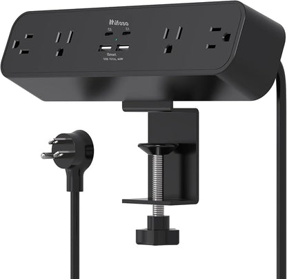 65W USB C Desk Clamp Power Strip, 8-in-1 Desktop Mount Surge Protector with 4 AC Outlets 2 USB-C & 2 USB-A Ports, PD 65W Fast Charging Station, 5Ft Extension Cord, Desk Edge Mount for Home, Black