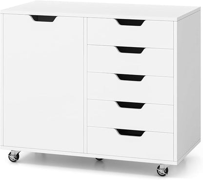 Lateral File Cabinet, 5 Drawers with Door, Adjustable Shelf, 5 Universal Wheels, Wooden Printer Stand with Storage, Modern Dresser for Bedroom Home Office, White