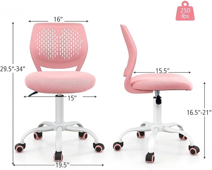 POWERSTONE Small Home Office Desk Chair, Swivel Rolling Study Computer Chair, Adjustable Height Task Chair with Armless Mid Back, Upholstered Mesh Seat, Pink