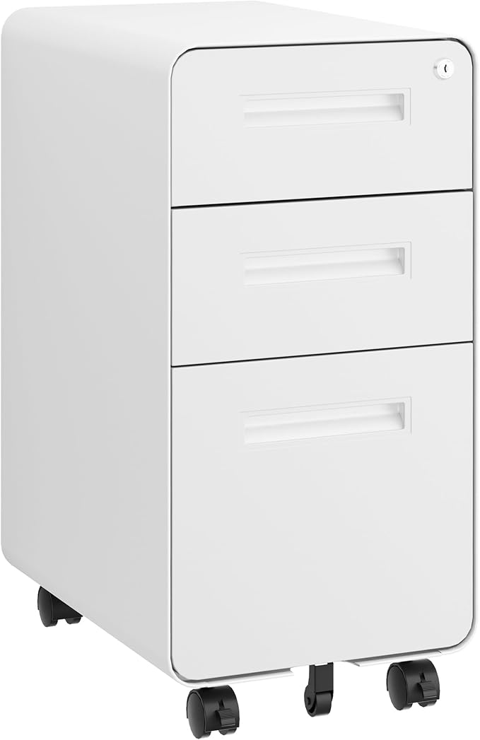 3 Drawers Slim File Cabinet, Mobile Filing Cabinet with Lock, Steel, Fully Assembled Except Casters, for Home Office, for A4, Letter, Legal File Folders, White