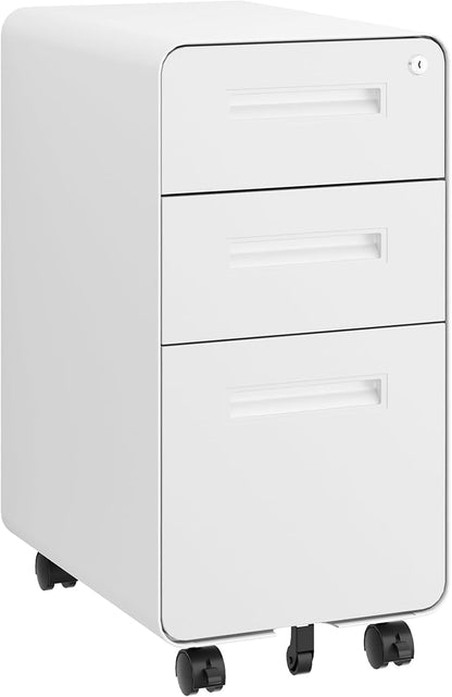 3 Drawers Slim File Cabinet, Mobile Filing Cabinet with Lock, Steel, Fully Assembled Except Casters, for Home Office, for A4, Letter, Legal File Folders, White