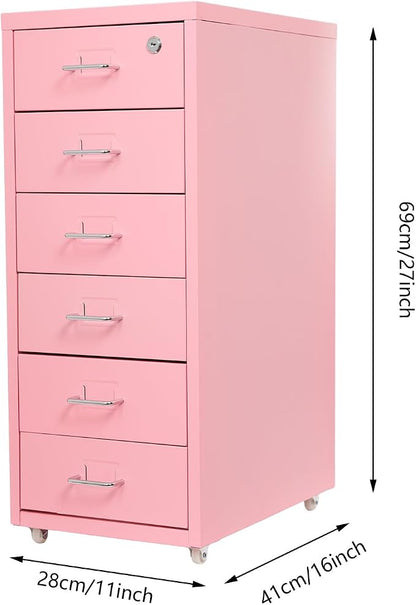 6 Drawer Vertical File Cabinet with Lock, Metal Movable Office Storage Cabinet, Under-Desk File Cabinet with Wheels, for Home Office Use (Pink)