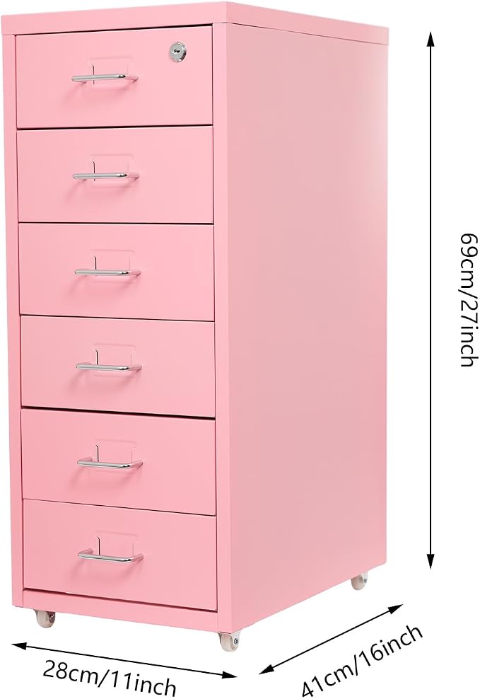 Vertical File Cabinet, 6 Drawers Rolling File Organizer Cabinets with Lock, Heavy Duty Metal Storage Cabinet, Movable Under Desk Filing Cabinet for Office, Study, Dresser (Pink)