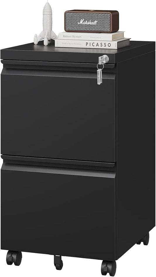 PEUKC 2 Drawer File Cabinet with Lock, Metal Under Desk Rolling Filing Cabinet fits Letter/Legal/A4 Size for Home Office, Mobile Filing Cabinets, Assemble Required, Black