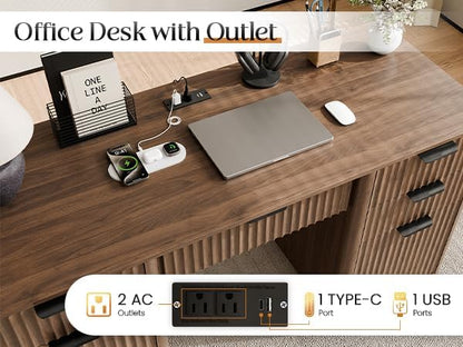 58" Fluted Home Office Desks with Storage, Modern Executive Desk Computer Desks with 5 Drawers & Cabinet, Wood Work Desk File Drawer for Office, Bedroom, Study, Living Room, Walnut
